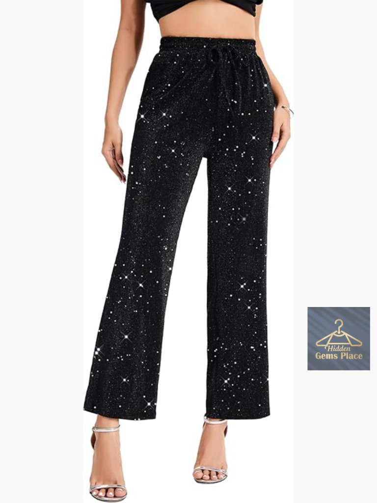 High Waist Wide Leg Palazzo Pants Glitter Sparkle Casual Loose Long Pant
